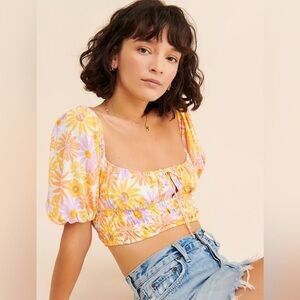 L*Space Josie Multicolor Floral Puff Sleeve Crop Top Small NWT